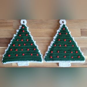 Vintage Crochet Christmas Trees Thick Double-Sided Kitschy Fun Cute Holiday
